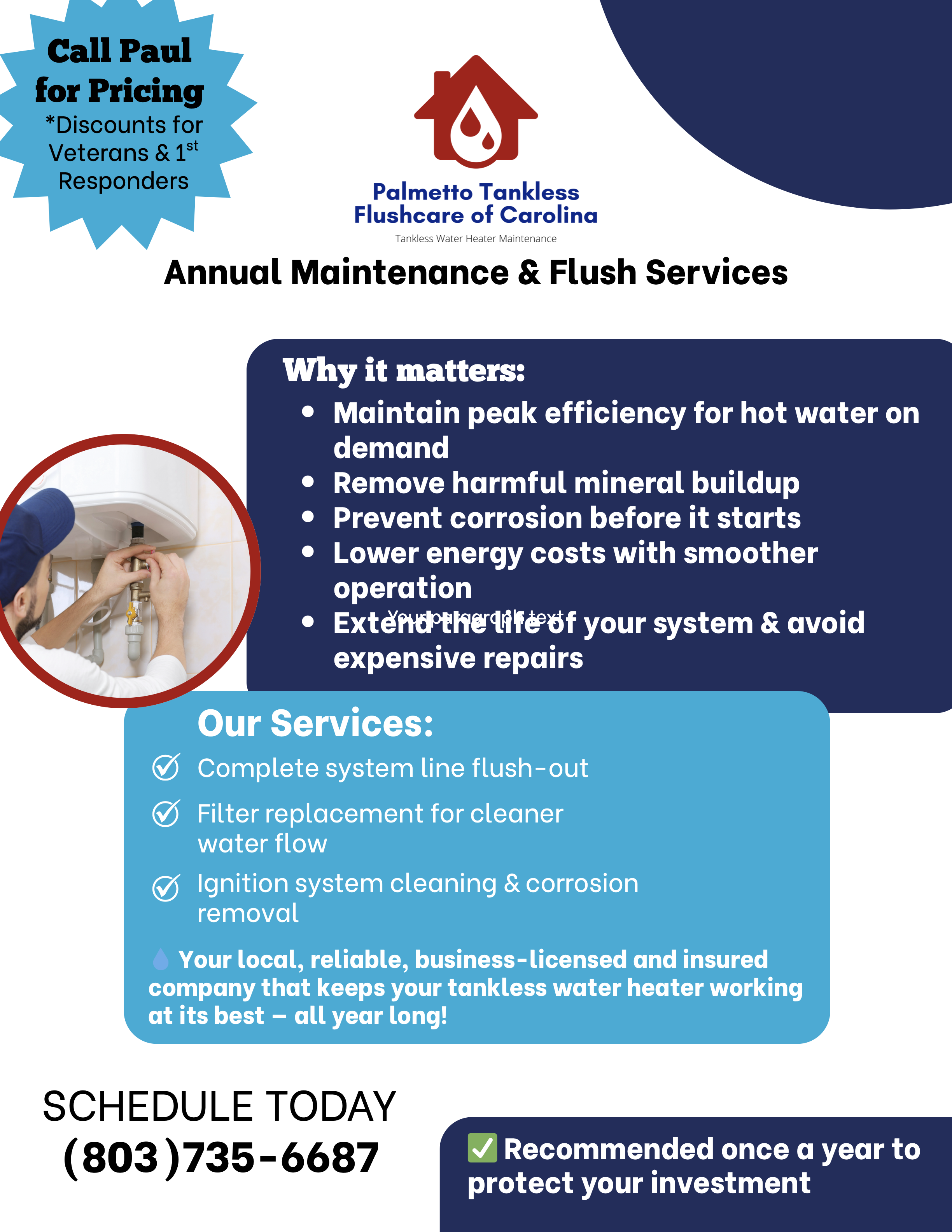 Technician servicing a tankless water heater during maintenance